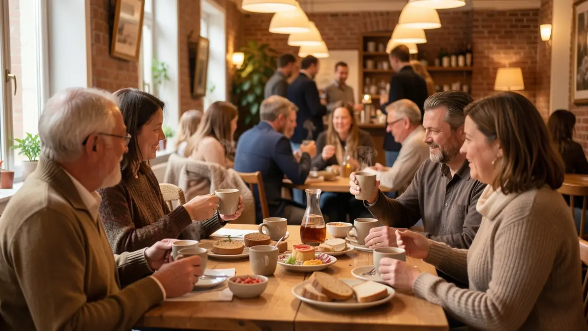 Generic image of a welcoming communal space offering hot drinks and simple food in a warm, supportive atmosphere. The setting evokes Wallonia.
