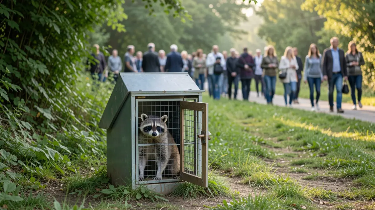 Un raton laveur observé dans une cage de capture à Andenne, Wallonie. Image réaliste et documentaire.