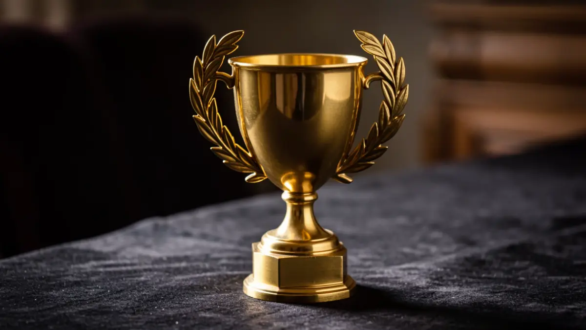 Gros plan d'un trophée doré orné d'une couronne de laurier sur une surface sombre et texturée, éclairage doux et dramatique.