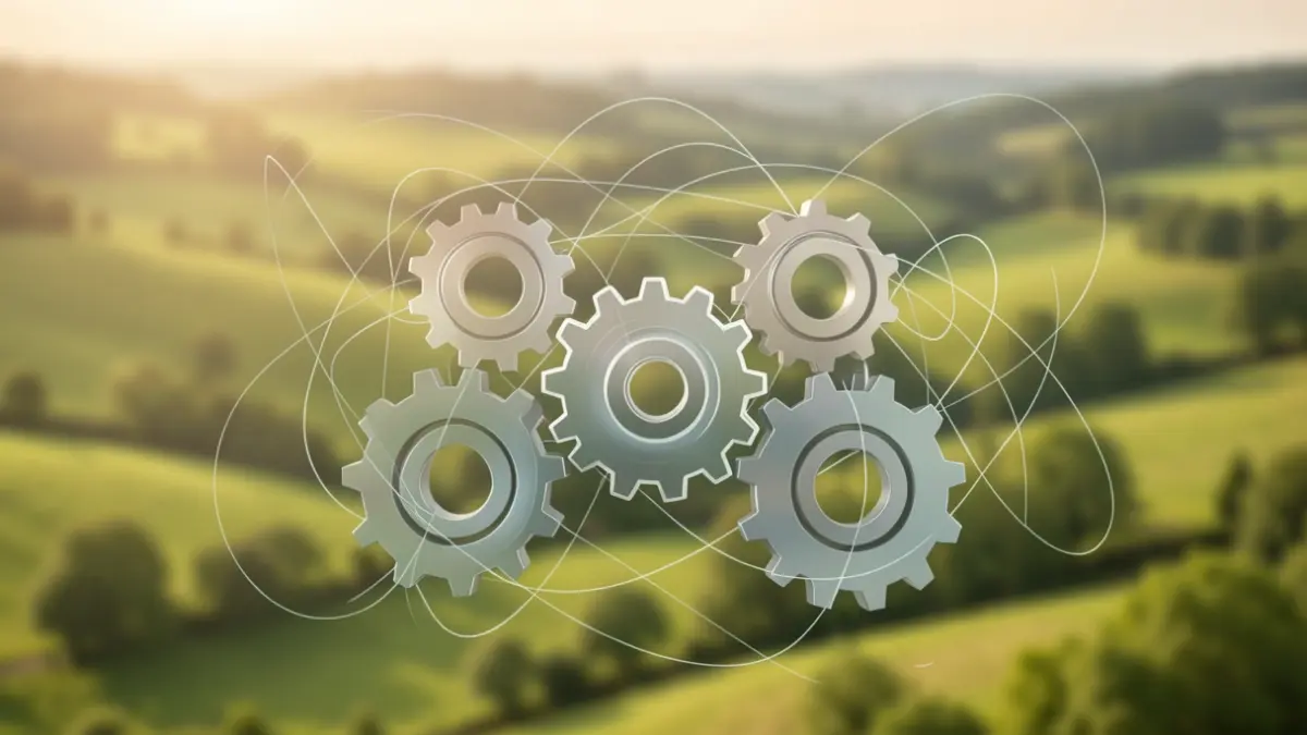 Generic image of stylized gears symbolizing innovation and collaboration, against a Walloon landscape background.