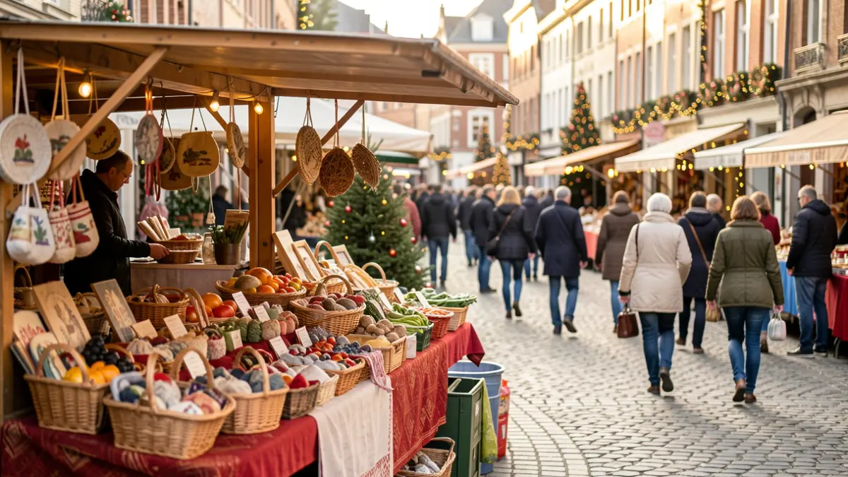 Generic image of a festive artisan market in Sombreffe, featuring local creations and decorations.