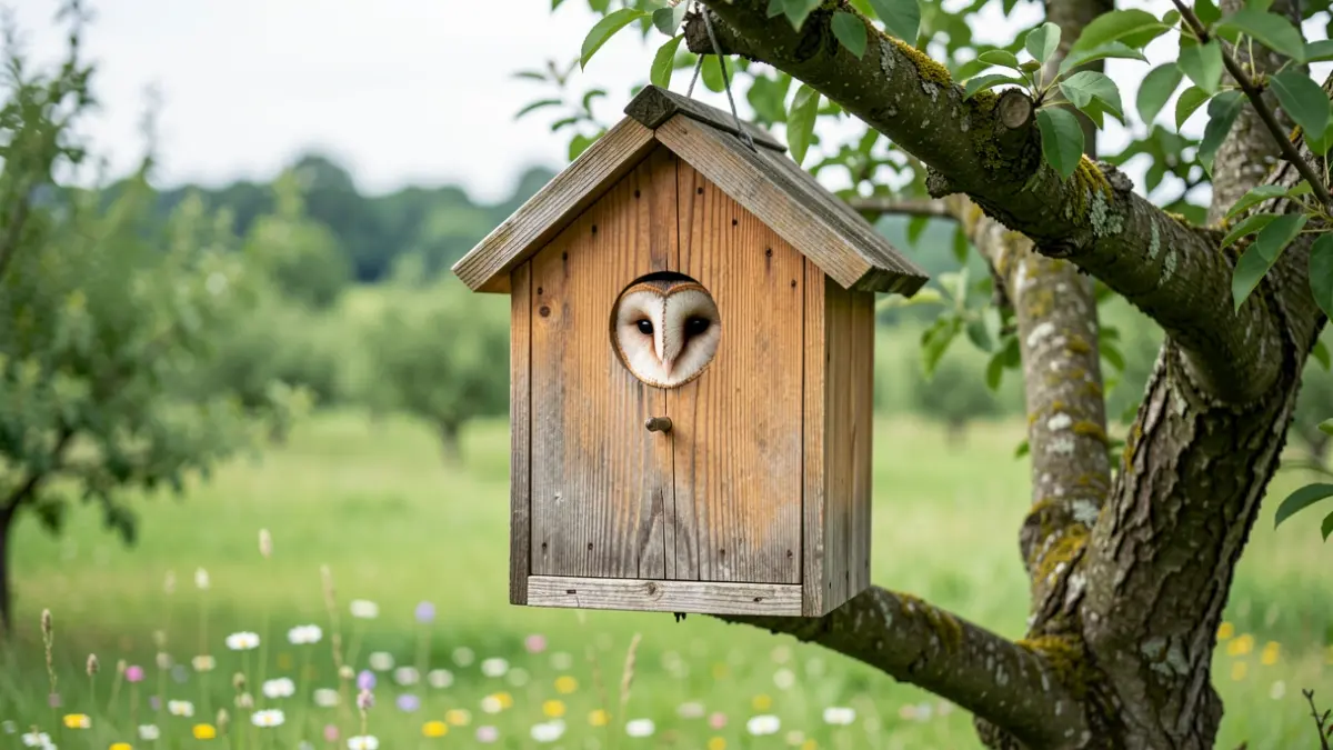 Gros plan d'un nichoir rustique en bois pour chouette chevêche, posé sur une branche d'arbre dans un verger verdoyant, lumière douce.