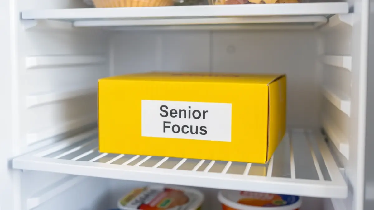 Une boîte jaune vif 'Senior Focus' placée dans un réfrigérateur pour faciliter l'intervention des secours en cas d'urgence.