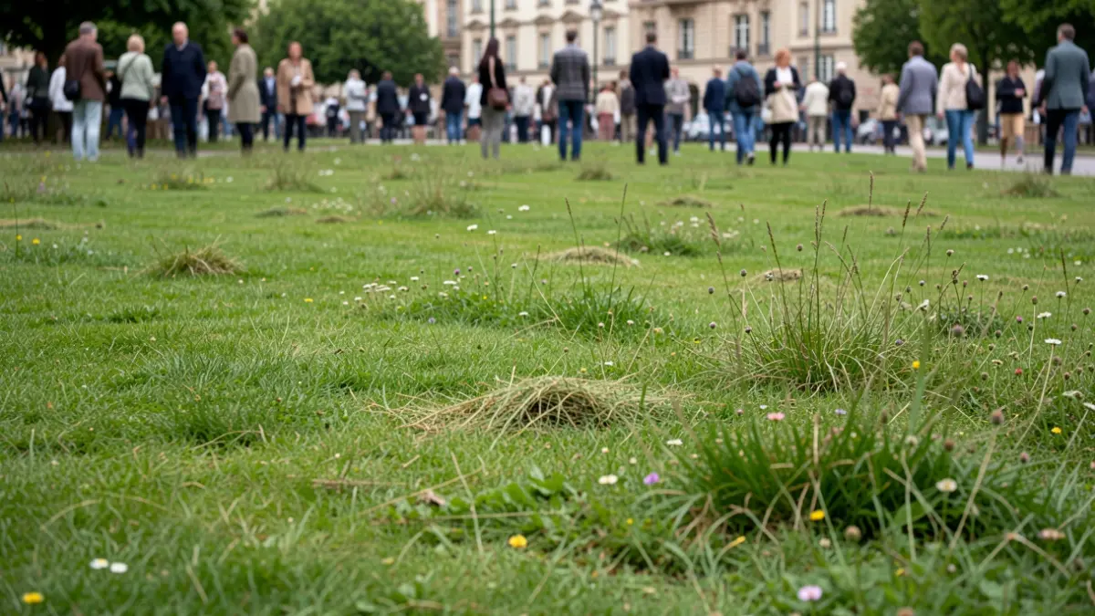 Image générique d'une pelouse avec des zones d'herbe plus haute et des fleurs sauvages, symbolisant la biodiversité.