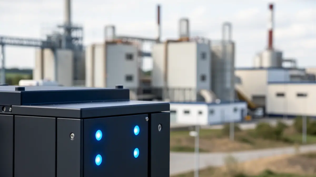 Image générique de composants de stockage d'énergie, avec des indicateurs lumineux bleus et des transformateurs industriels en arrière-plan flou, dans un paysage wallon.