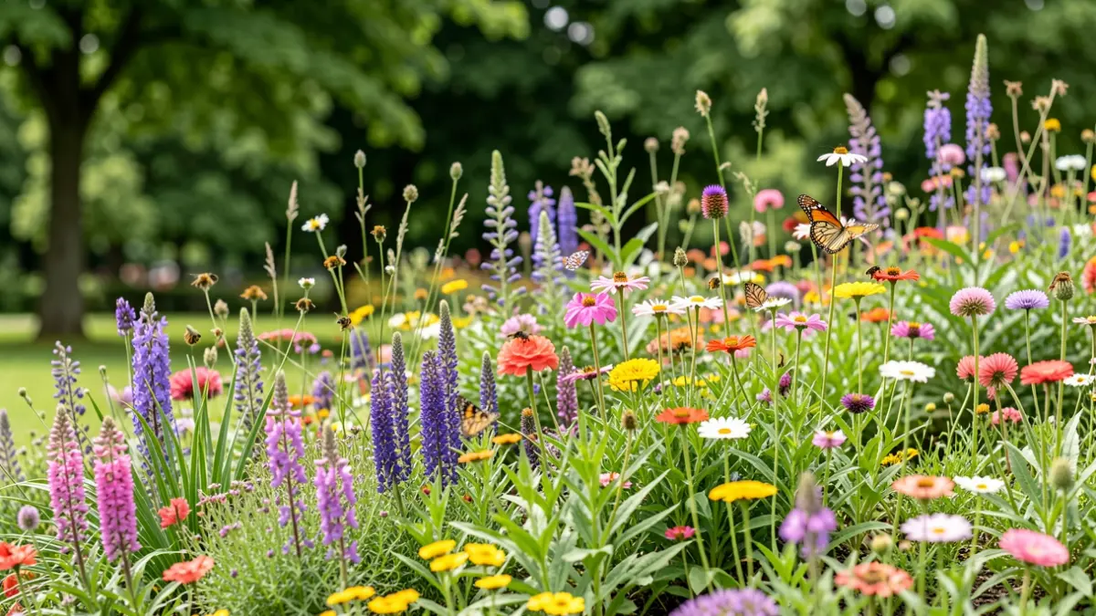 Un parterre de fleurs vivaces et indigènes dans un parc public wallon, favorisant la biodiversité avec des insectes butineurs visibles.