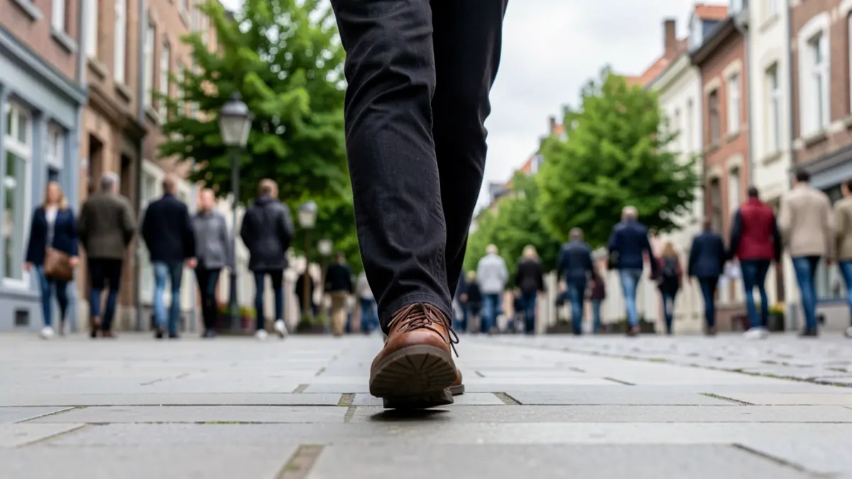Image générique de pieds marchant sur un trottoir dans un environnement urbain belge typique, par une journée couverte.