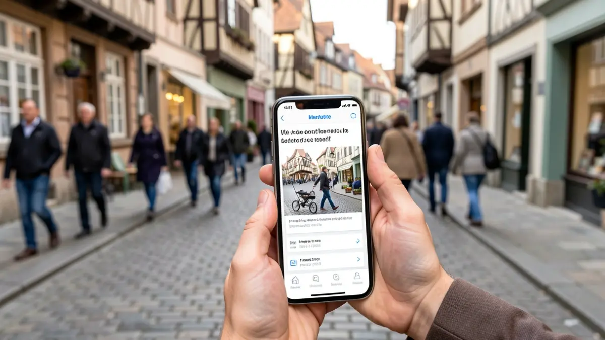 Image générique de la mobilité piétonne en Wallonie, montrant un smartphone avec une enquête sur fond de rue pavée.