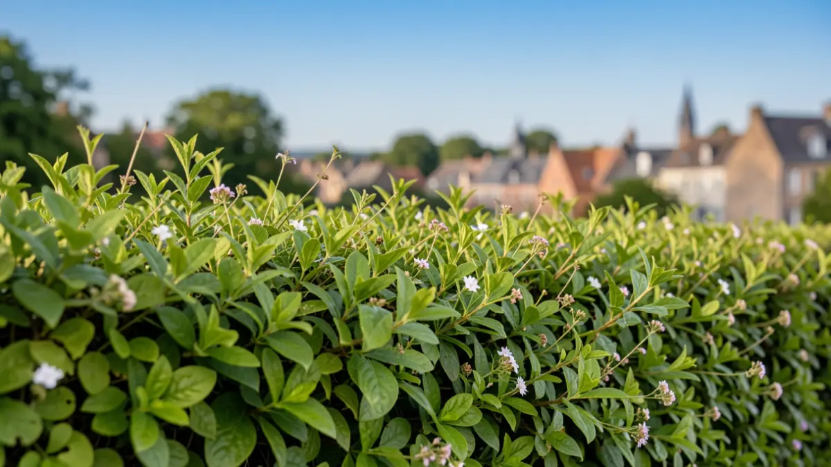 Image générique d'une haie verdoyante composée de différentes variétés de plantes, symbolisant la biodiversité locale. Le fond flou montre un village typique de Wallonie sous un ciel bleu.
