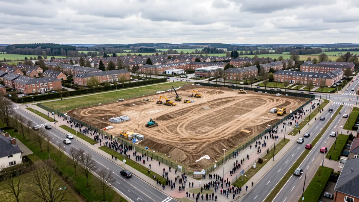 Aerial view of a former military barracks site in Bastogne, designated for urban development.