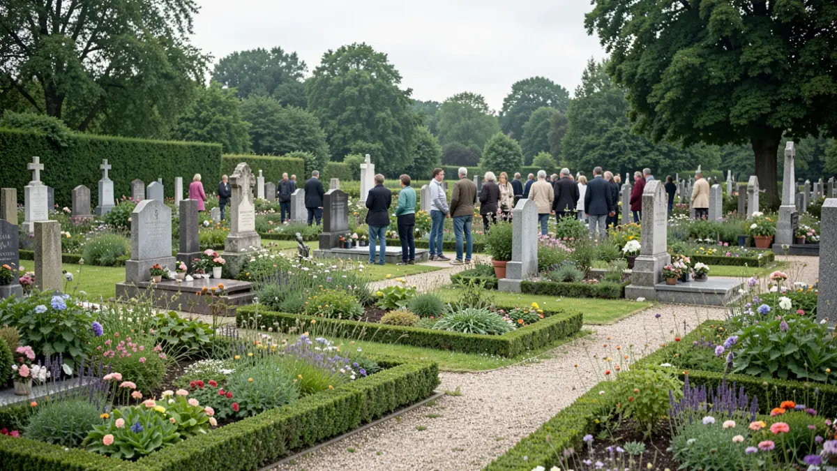 Image générique de parterres de fleurs sauvages et de zones fleuries dans un cimetière de Wallonie, lumière douce et diffuse.