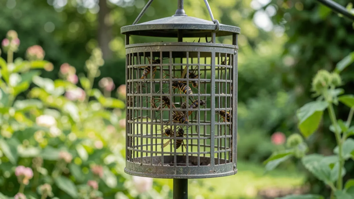 Image générique d'un piège sélectif contre le frelon asiatique dans un jardin.