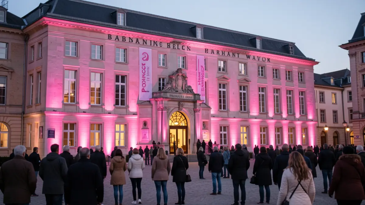 The provincial building of Brabant Wallon in Wavre, illuminated in pink for the 'Province Rose Think Pink' campaign against breast cancer.