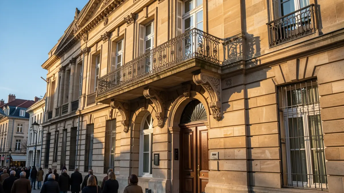 Image générique de la façade d'un bâtiment communal en pierre de style traditionnel, avec un balcon orné et des barreaux en fer forgé. La lumière chaude de l'après-midi projette des ombres sur les murs en grès, sous un ciel bleu. Style photographie documentaire.
