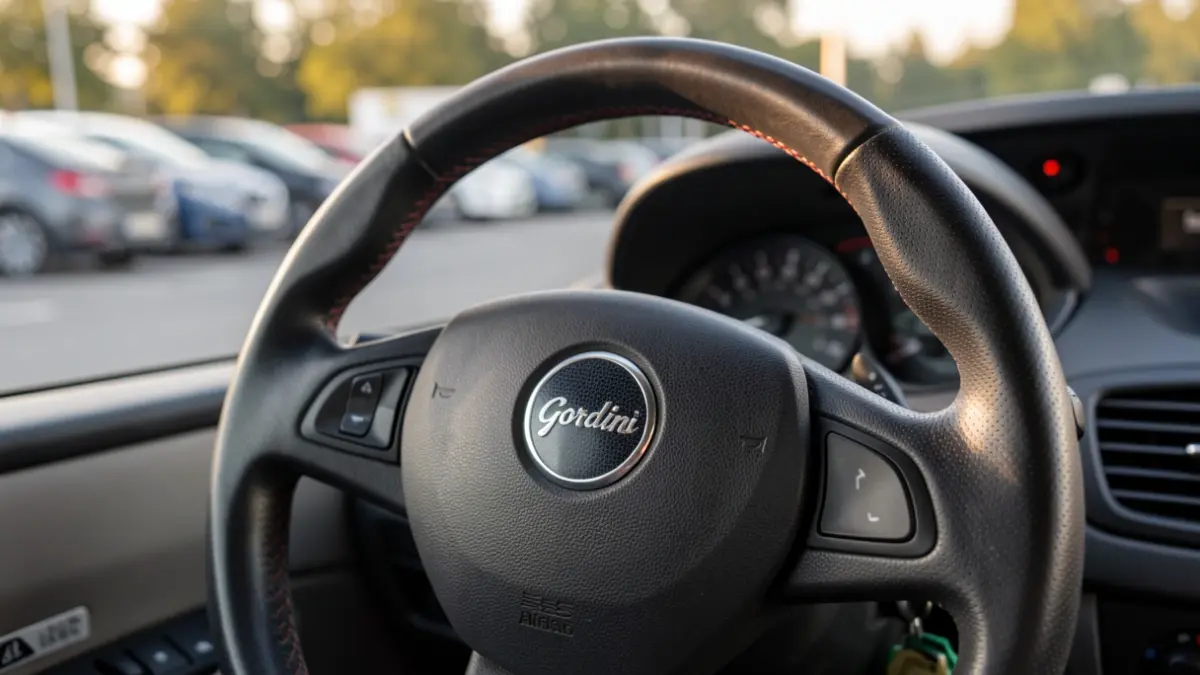 Steering wheel of a Renault Clio Gordini in a municipal parking lot.