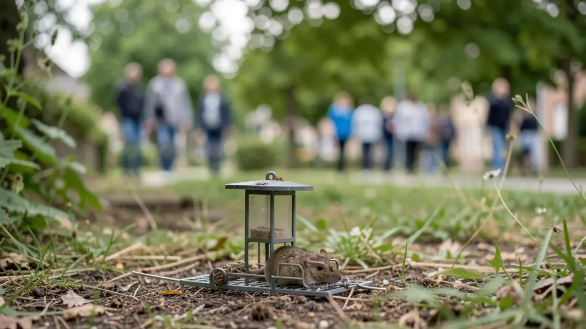 Generic image of a pest control campaign in a Walloon commune. Close-up of a rodent trap in a blurred outdoor environment.