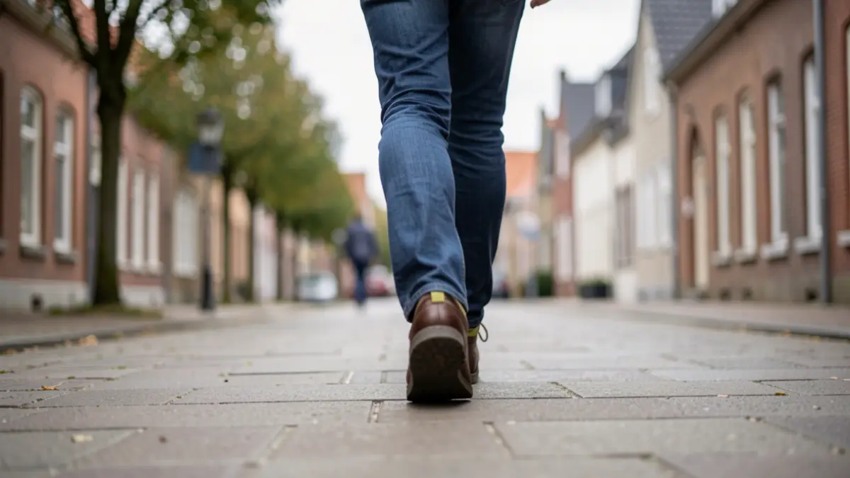 Image générique d'un piéton marchant sur un trottoir dans une commune wallonne, avec un arrière-plan flou de maisons et d'arbres. Lumière du jour douce et couverte.