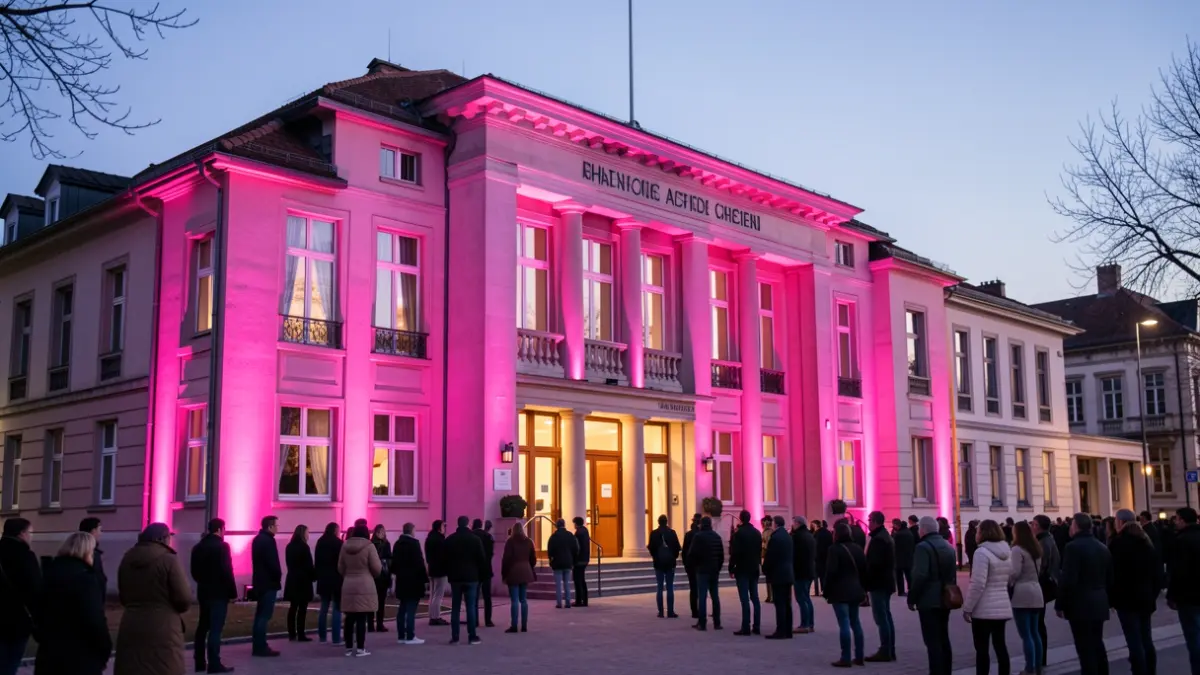 Façade de l'administration communale de Chastre illuminée en rose pour Octobre Rose.