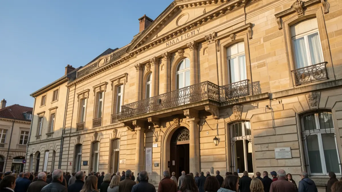 Façade de l'hôtel de ville de Ciney, un bâtiment classique en pierre avec balcon orné et balustrade en fer forgé, sous la lumière chaude d'un soleil de fin d'après-midi.