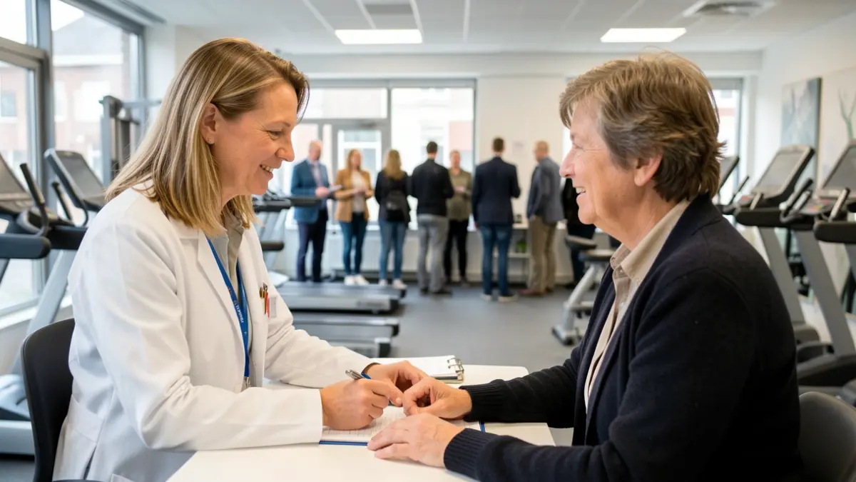 Médecin prescrivant de l'activité physique à un patient sédentaire dans un cabinet médical moderne en Wallonie.