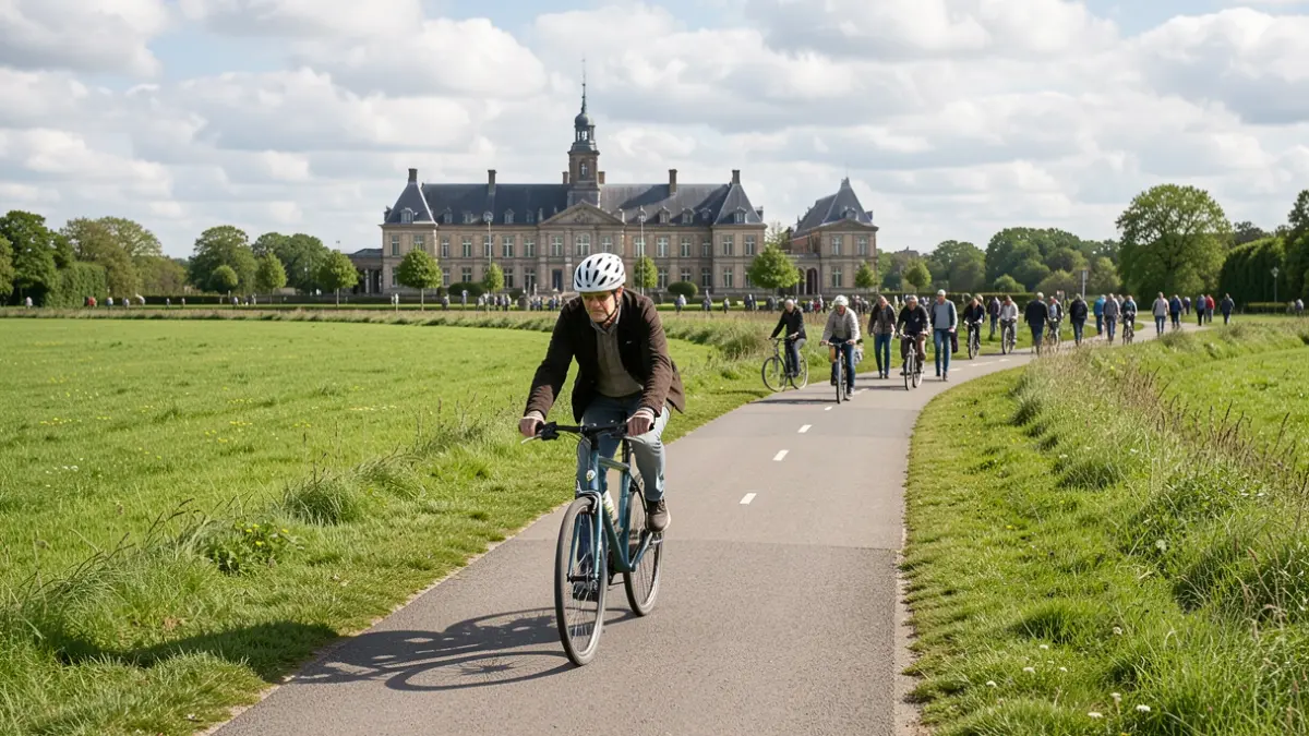 Image générique d'un cycliste sur une piste cyclable dans un paysage wallon avec un bâtiment communal.
