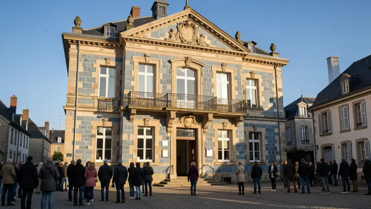 Image générique de la façade d'un bâtiment communal en pierre locale, typique de la Wallonie, sous un ciel dégagé.