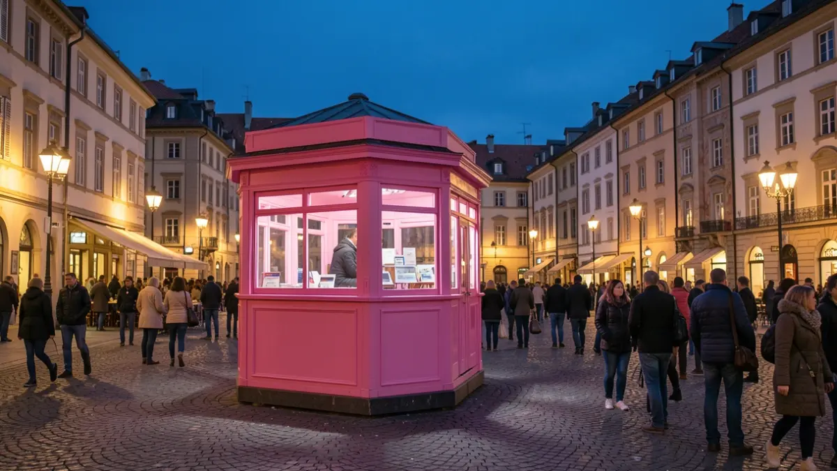 Image générique d'un kiosque illuminé en rose dans un cadre urbain nocturne.