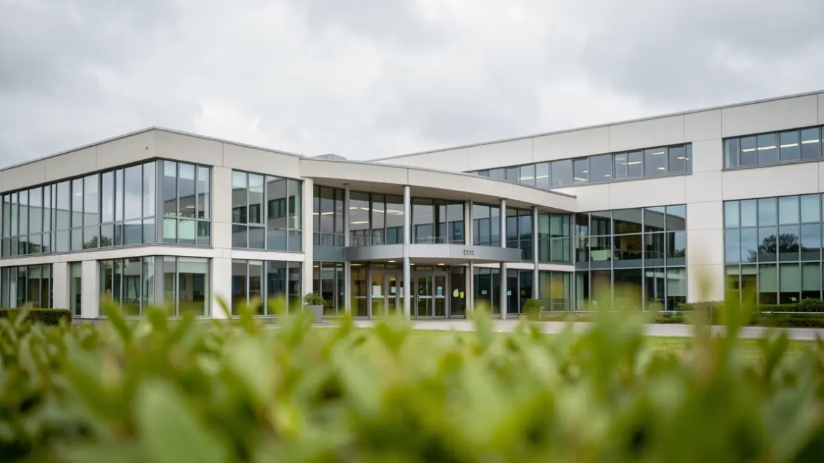 Generic image of a modern hospital facade with large windows under a typical Walloon overcast sky.