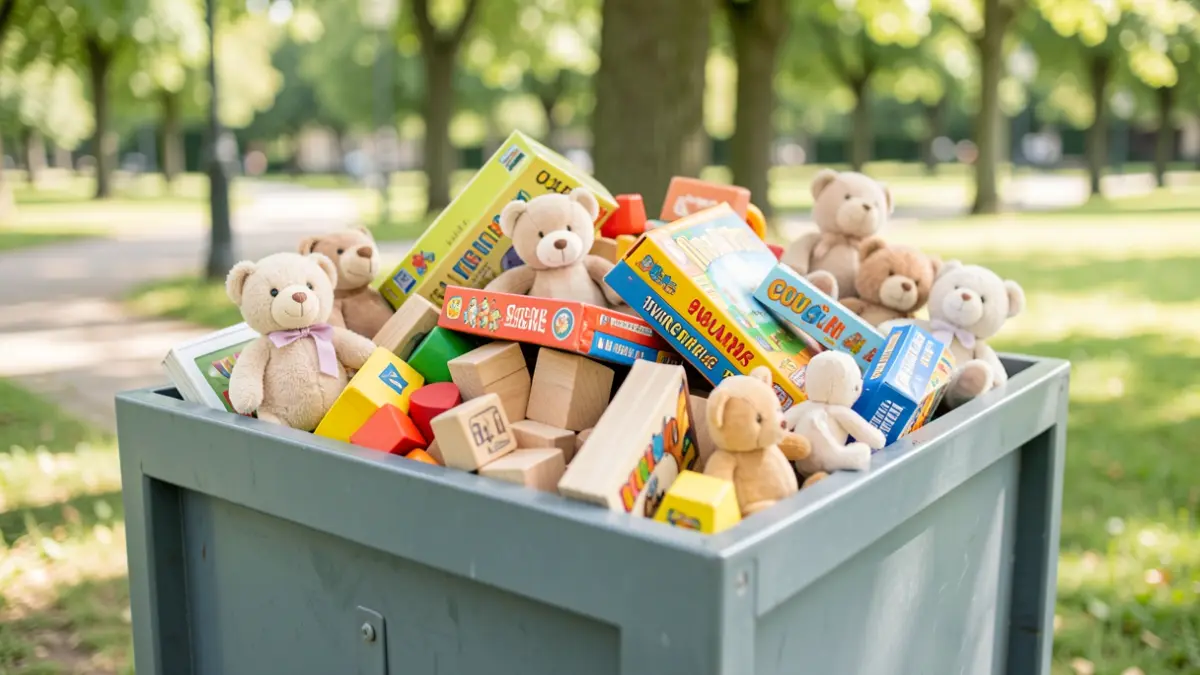 Image générique de jouets propres et en bon état dans un centre de recyclage, symbolisant la collecte et la redistribution.