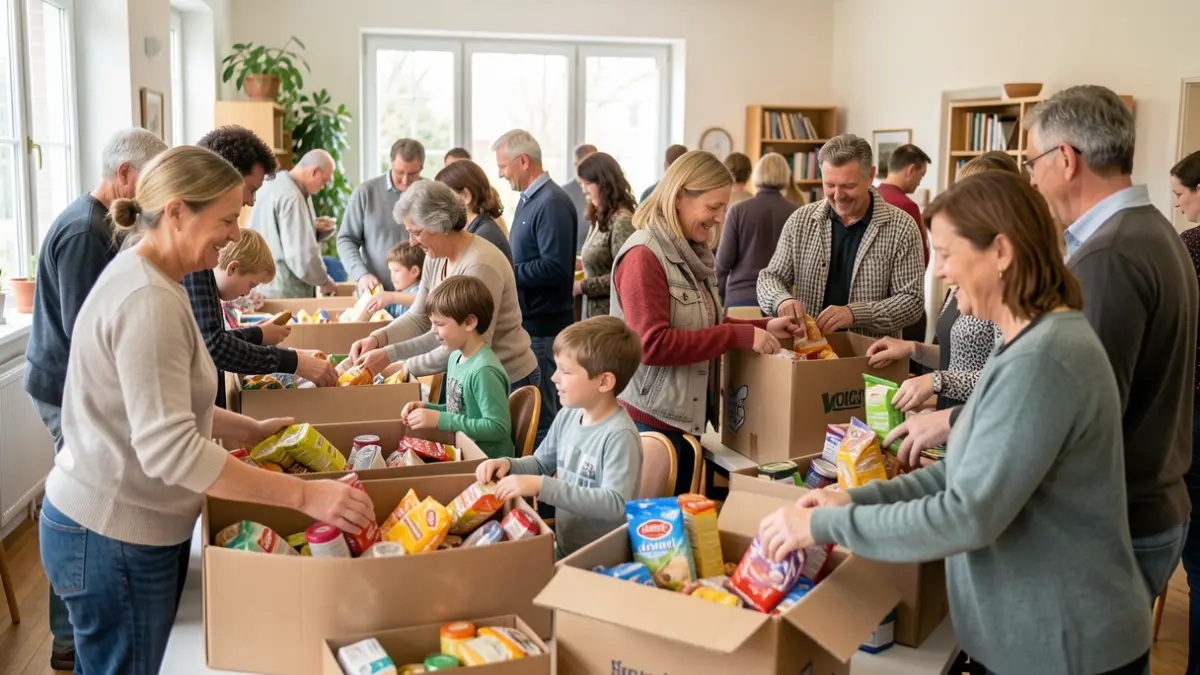 Image générique de personnes de différents âges triant et emballant des boîtes de nourriture dans un centre communautaire, dans une ambiance de solidarité.