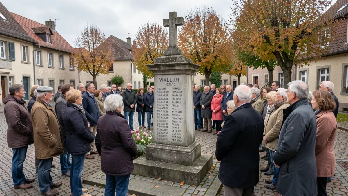 Image générique d'une cérémonie commémorative dans un village wallon, avec un monument et des participants.