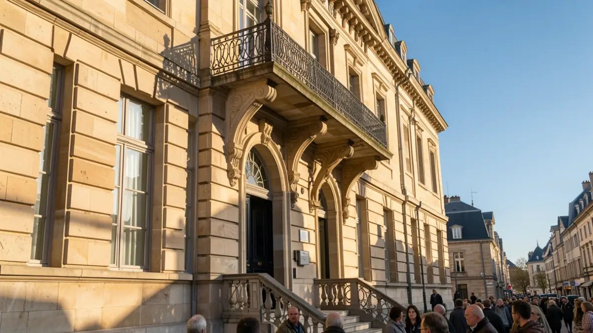 Generic image of a stone town hall facade with an ornate balcony and iron railings, warm afternoon sunlight on sandstone walls, blue sky.