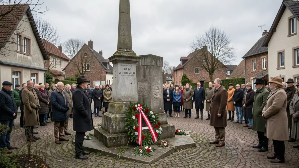 Generic image: featuring a wreath-laying ceremony at a war memorial in a village setting.