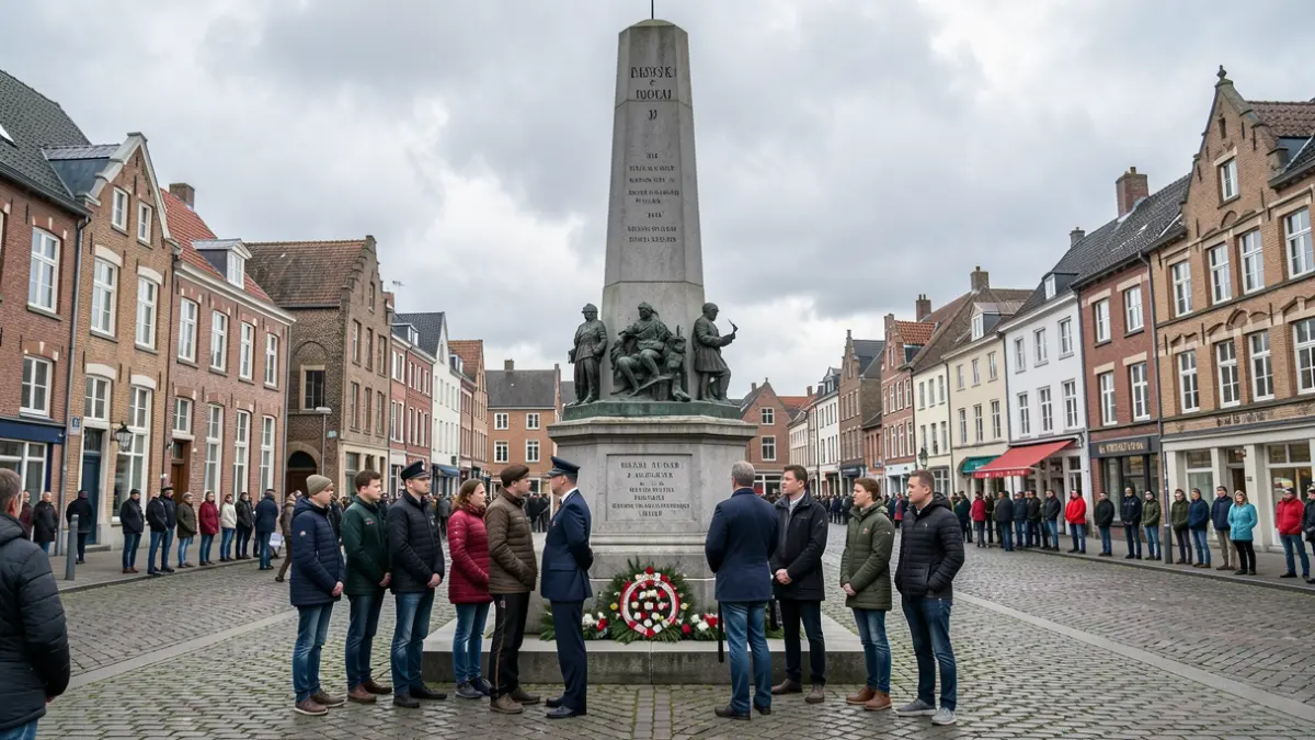 Generic image of a commemoration ceremony in front of a war memorial in a Belgian municipality, overcast sky.