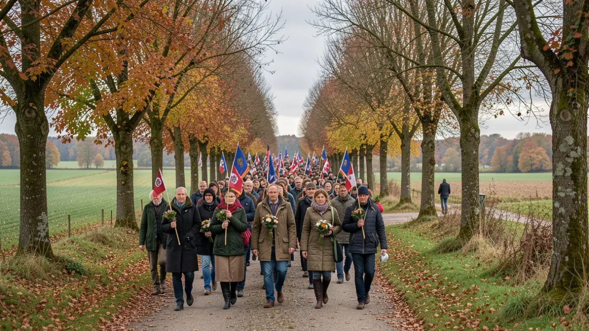 Image générique de personnes participant à une commémoration dans un paysage rural wallon, avec des drapeaux et des fleurs, sous un ciel couvert.