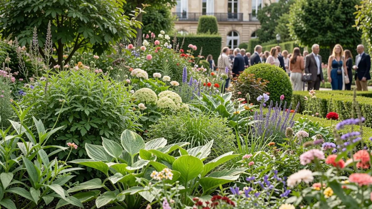 Image générique de gros plan d'un jardin luxuriant et bien entretenu avec des plantes et des fleurs diverses, baigné dans une lumière naturelle douce. L'accent est mis sur le feuillage vert vif et les fleurs colorées, suggérant un soin méticuleux et une touche artistique. Aucun personnage ni bâtiment visible.