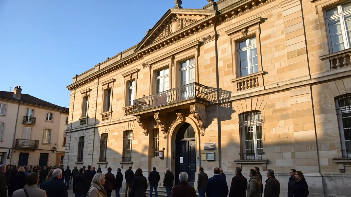 Façade de l'hôtel de ville de Ciney, un bâtiment en pierre avec balcon orné et balustrade en fer forgé, sous le soleil chaud de l'après-midi.