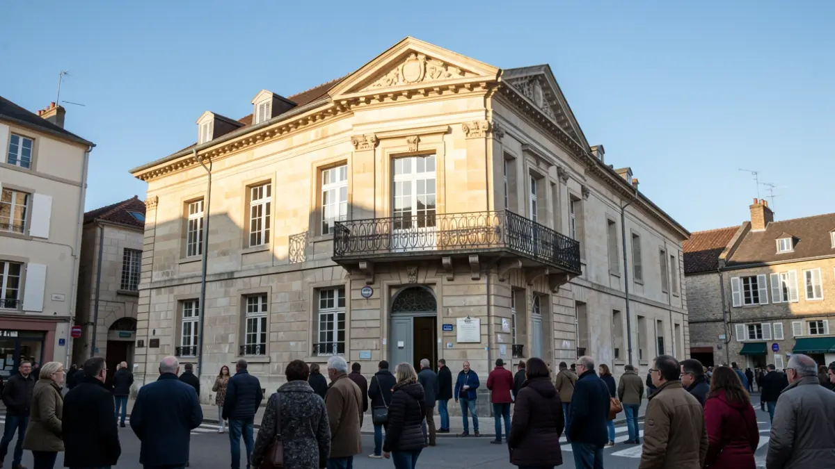 Façade de l'hôtel de ville de Ciney, un bâtiment en pierre avec un balcon orné et des balustrades en fer, baigné par la lumière chaude d'un soleil d'après-midi, sous un ciel bleu clair.