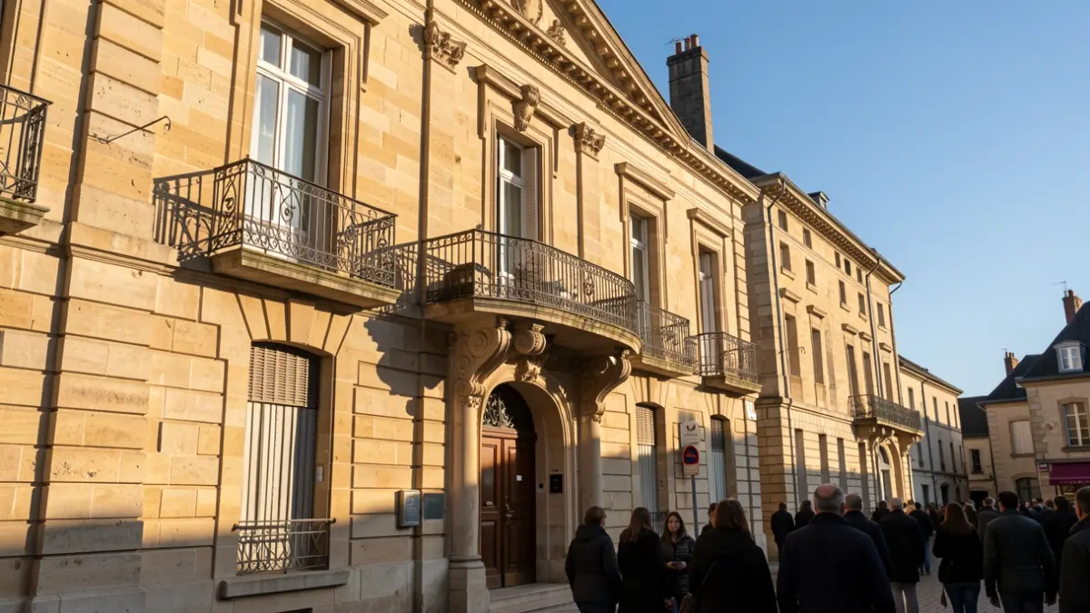 Façade de l'hôtel de ville de Ciney, un bâtiment en pierre avec balcon orné et balustrade en fer forgé, sous le soleil chaud de l'après-midi.