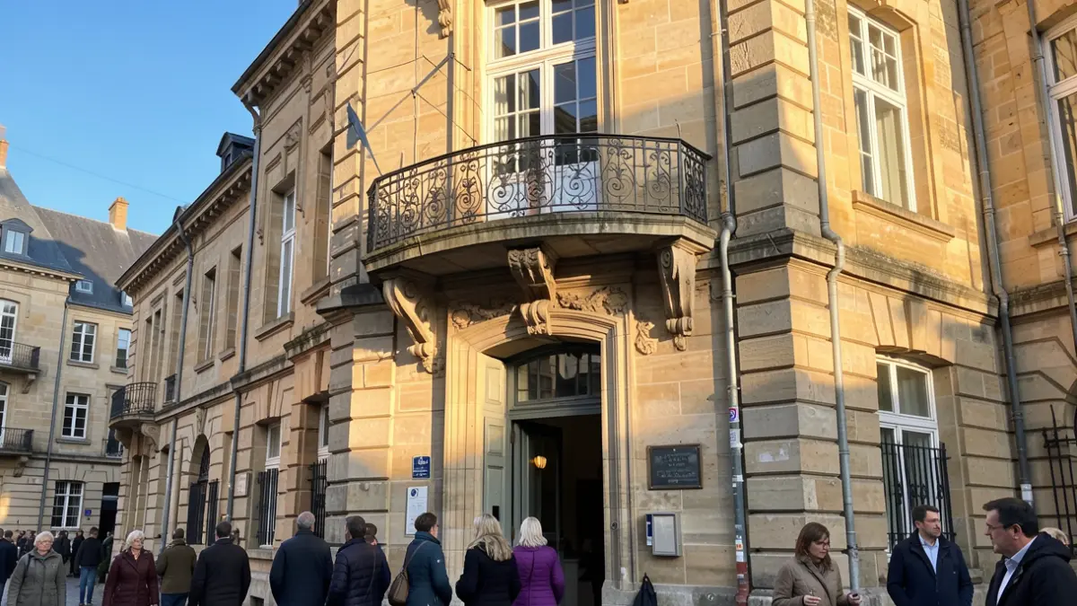 Generic image of a stone communal building facade with an ornate balcony, under a blue sky.