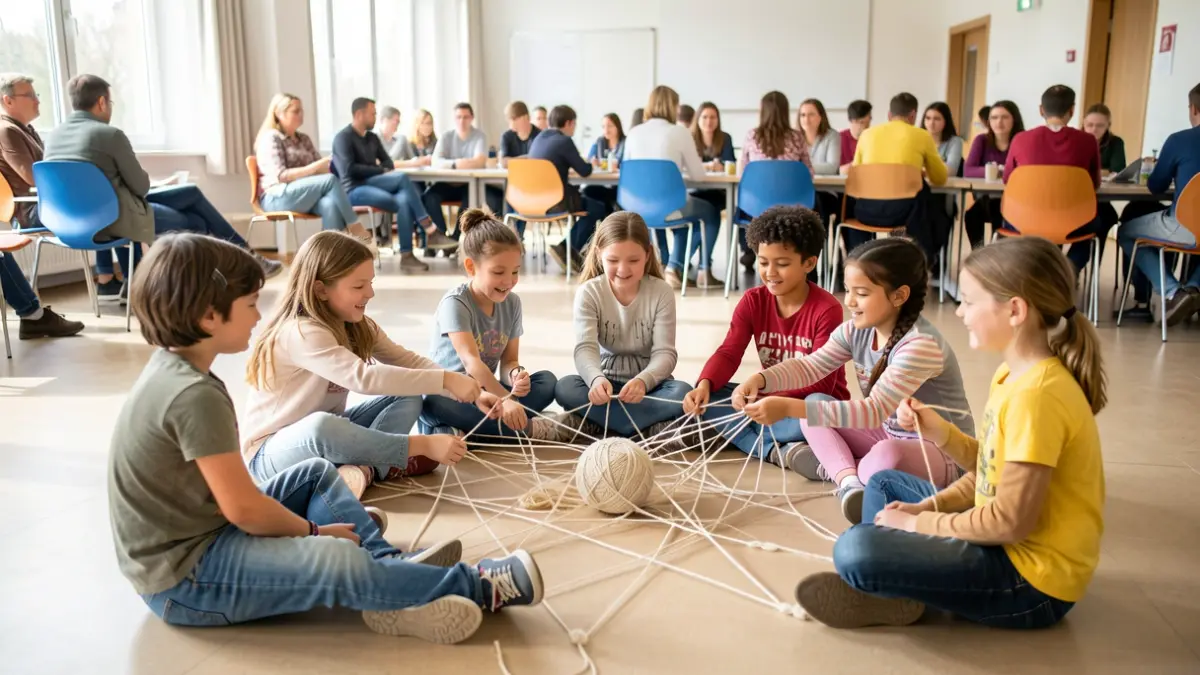 Image générique de jeunes conseillers communaux tissant un lien symbolique avec une pelote de laine lors d'une réunion à Orp-Jauche.