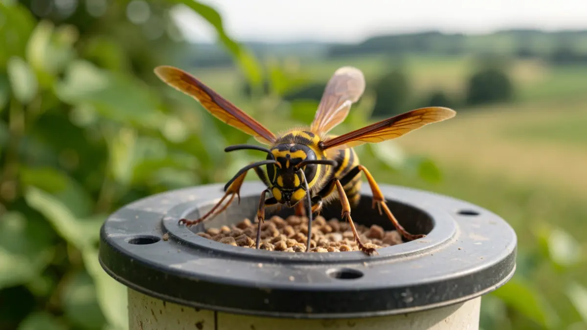 Une reine de frelon asiatique capturée dans un piège spécifique, dans un environnement naturel de Wallonie.