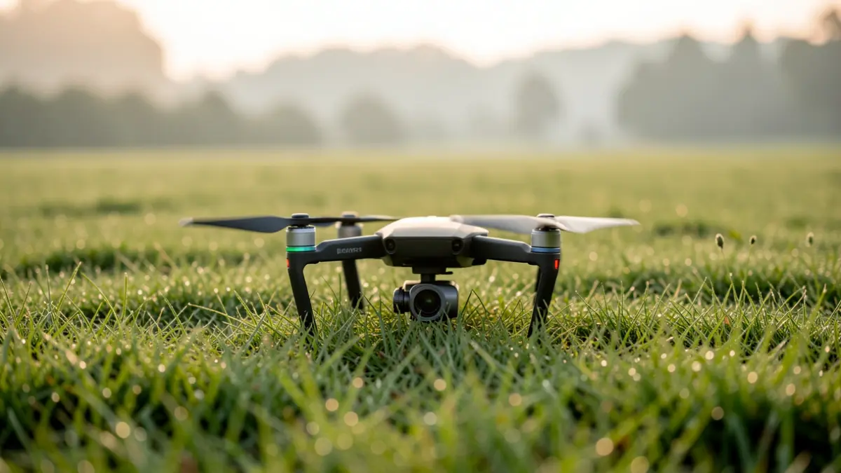 Un drone équipé d'une caméra thermique survole une prairie au lever du soleil pour repérer des animaux sauvages avant la fauche.