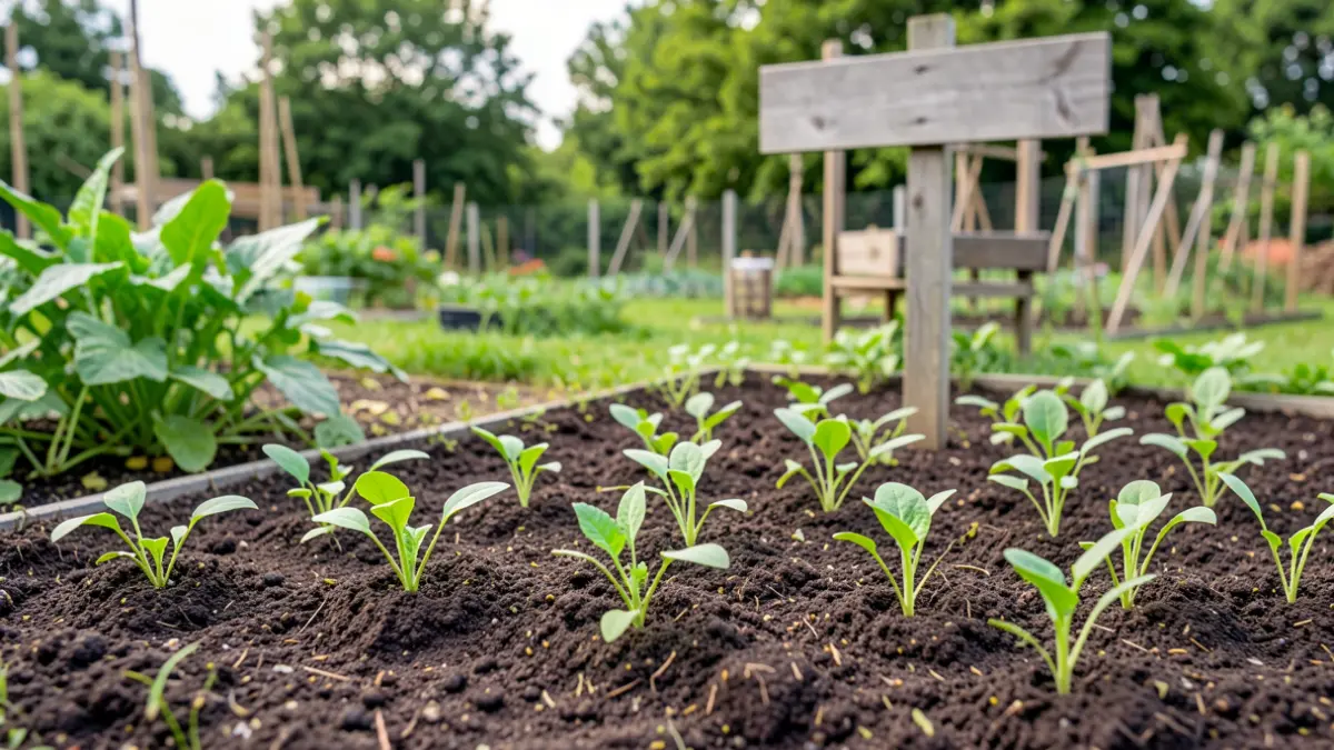 Community garden plots in Yvoir, featuring young vegetable sprouts and a signpost.
