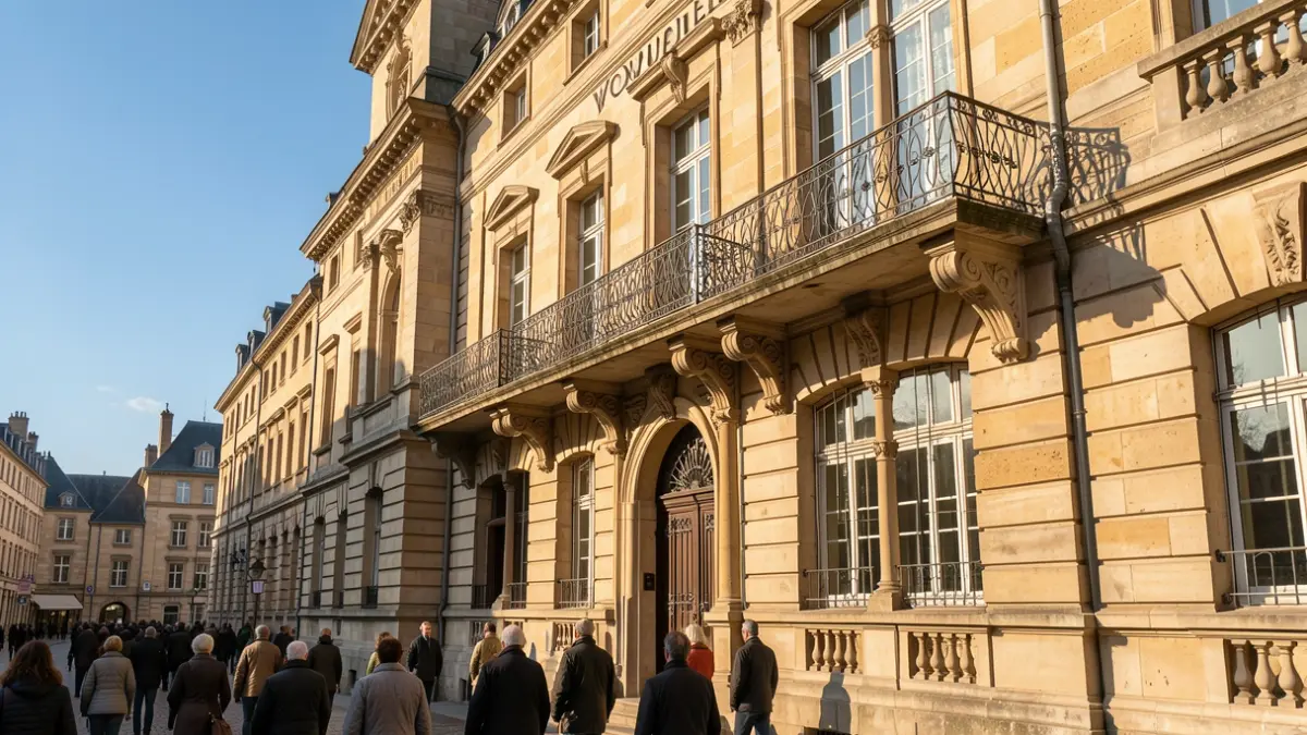 Stone facade of a Wallonie town hall with ornate balcony and iron railings, warm afternoon sunlight casting shadows on the sandstone walls, blue sky.