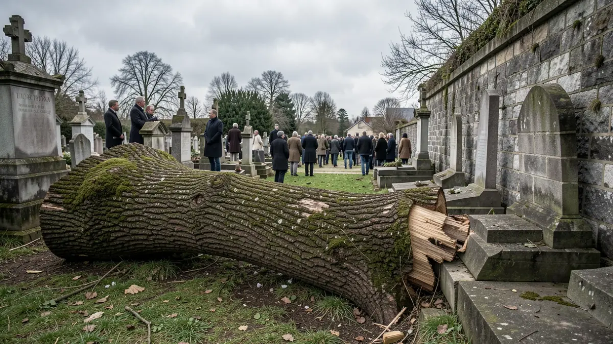 Image générique d'un arbre tombé dans un cimetière, causant des dégâts aux monuments funéraires et au mur d'enceinte.