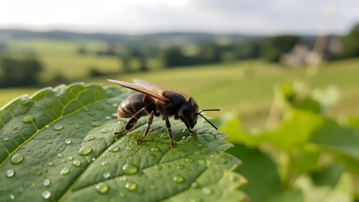 Close-up of a black bee on a green leaf with dew drops, in a Walloon landscape.