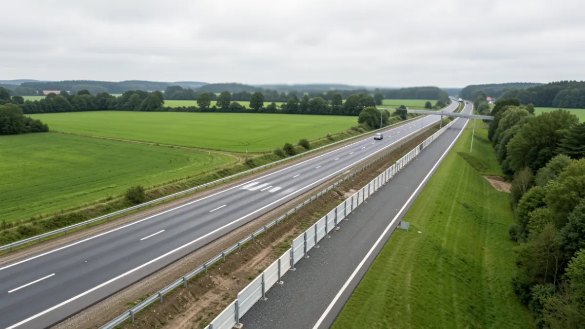 Vue aérienne d'un tronçon de l'autoroute E411 en Wallonie avec un écran antibruit en cours d'installation.
