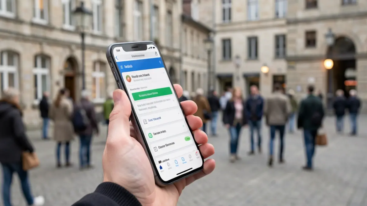 Hand holding a smartphone displaying a pedestrian mobility survey, with a typical Walloon village square in the background.