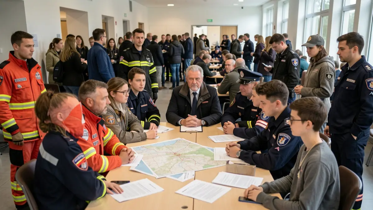 Image générique d'un exercice de crise multidisciplinaire avec des représentants de la commune, des services de secours et des étudiants.